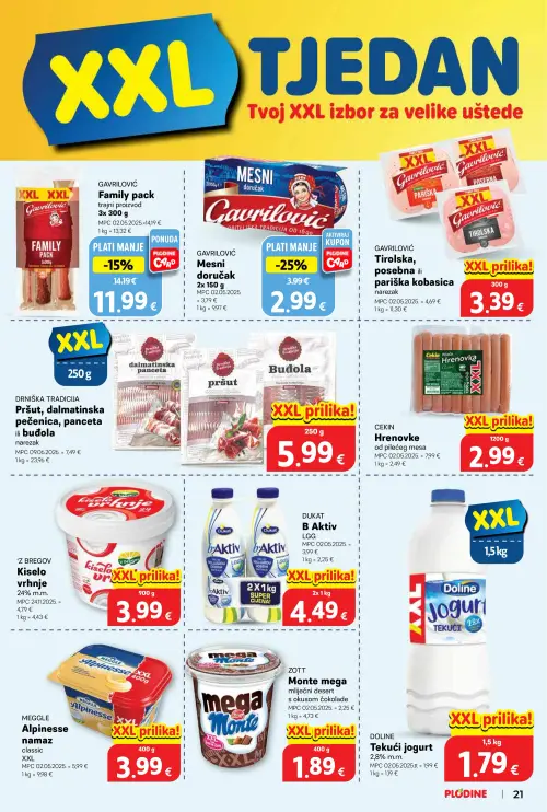 Plodine katalog — stranica 21: CEKIN Hrenovke, MEGGLE Alpinesse namaz classic, GAVRILOVIĆ Mesni doručak, Pršut, dalmatinska pečenica, panceta ili budola (vrijedi 25. 06. 2026.–30. 06. 2026.)