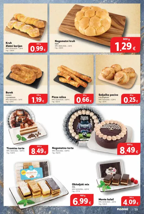 Plodine katalog — stranica 25: Kruh Zlatni korijen, Seljačko pecivo s krumpirom, Pizza rolice, Nogometni kruh bijeli (vrijedi 25. 06. 2026.–30. 06. 2026.)