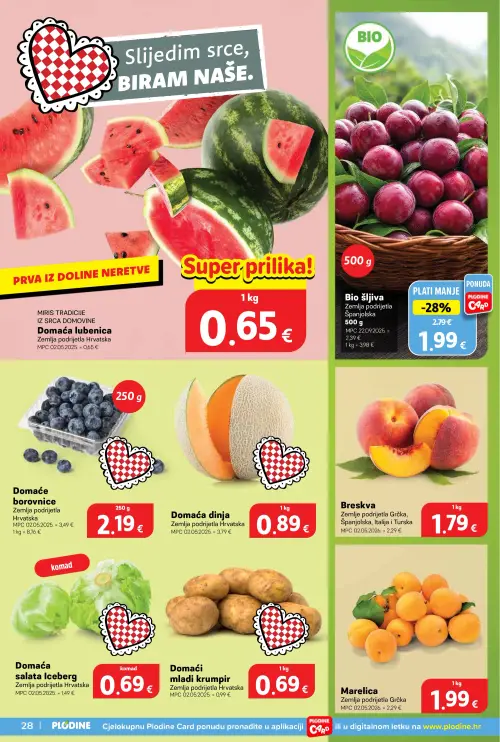 Plodine katalog — stranica 28: Domaća dinja, Domaća salata Iceberg, Domaće borovnice, Domaći mladi krumpir (vrijedi 25. 06. 2026.–30. 06. 2026.)