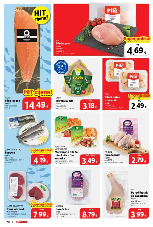 Plodine katalog — stranica 30: PILE Pileći batak ili zabatak, AIA Pureći batak sa zabatkom, VINDON Pureća krila, MOWI File lososa (vrijedi 25. 06. 2026.–30. 06. 2026.)