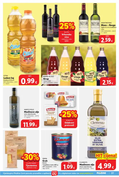 Plodine katalog — stranica 37: GIANA Grah šareni, CLEMENTE Maslinovo ulje ekstra djevičansko, MARCO POLO Maslinovo ulje extra djevičansko, MONTMEYRAC Blanc ili Rouge (vrijedi 25. 06. 2026.–30. 06. 2026.)