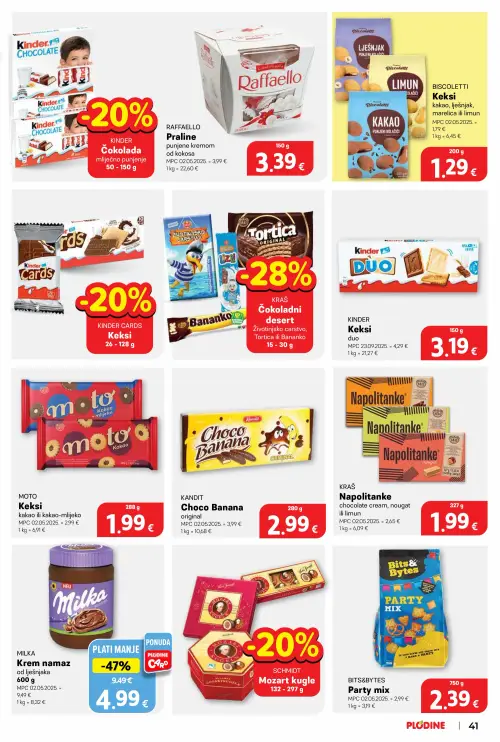 Plodine katalog — stranica 41: MILKA MILKA Krem namaz od lješnjaka, MOTO MOTO Keksi kakao ili kakao-mlijeko, KANDIT KANDIT Choco Banana original, KRAŠ KRAŠ Napolitanke chocolate cream, nougat ili limun (vrijedi 25. 06. 2026.–30. 06. 2026.)