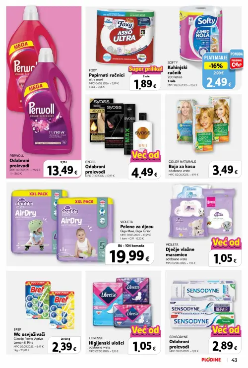 Plodine katalog — stranica 43: VIOLETA Dječje vlažne maramice odabrane vrste, SENSODYNE Odabrani proizvodi, LIBRESSE Higijenski ulošci odabrane vrste, SYOSS Odabrani proizvodi (vrijedi 25. 06. 2026.–30. 06. 2026.)