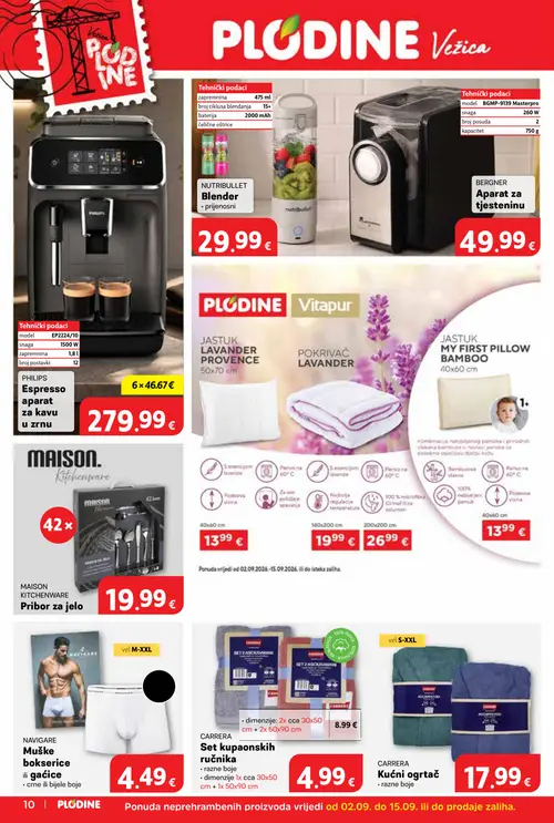 Plodine katalog — stranica 10: CARRERA Kućni ogrtač, CARRERA Set kupaonskih ručnika, BERGNER Aparat za tjesteninu (vrijedi 02.09.–08.09.2026.)