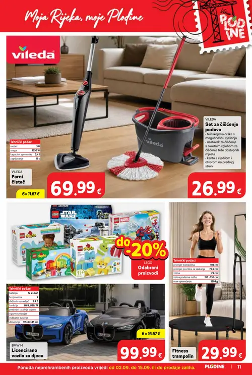 Plodine katalog — stranica 11: BMW Licencirano vozilo za djecu, VILEDA Parni čistač, Fitness trampolin (vrijedi 02.09.–08.09.2026.)