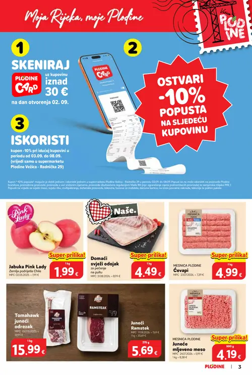 Plodine katalog — stranica 3: Domaći svježi odojak za pečenje na pultu, MESNICA PLODINE Ćevapi, MESNICA PLODINE Juneće mljeveno meso, Juneći Ramstek (vrijedi 02.09.–08.09.2026.)
