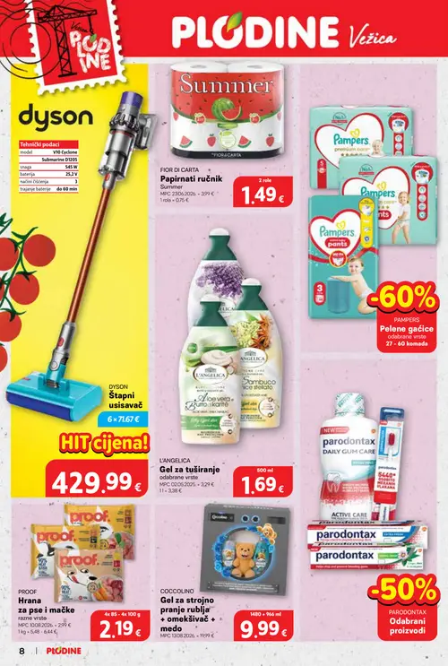 Plodine katalog — stranica 8: FIOR DI CARTA Papirnati ručnik Summer, COCCILINO Gel za strojno pranje rublja + omekšivač + medo, L'ANGELICA Gel za tuširanje odabrane vrste, PROOF Hranu za pse i mačke razne vrste (vrijedi 02.09.–08.09.2026.)