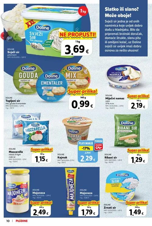 Plodine katalog — stranica 10: Doline Kajmak, Doline Mozzarella, Doline Ribani sir, Doline Majoneza (vrijedi 22.10.–04.11.2026.)