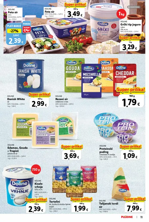 Plodine katalog — stranica 11: DOLINE Feta sir, DOLINE Proteinski puding, DOLINE Talijanski tvrdi sir, DOLINE Danish White sir (vrijedi 22.10.–04.11.2026.)