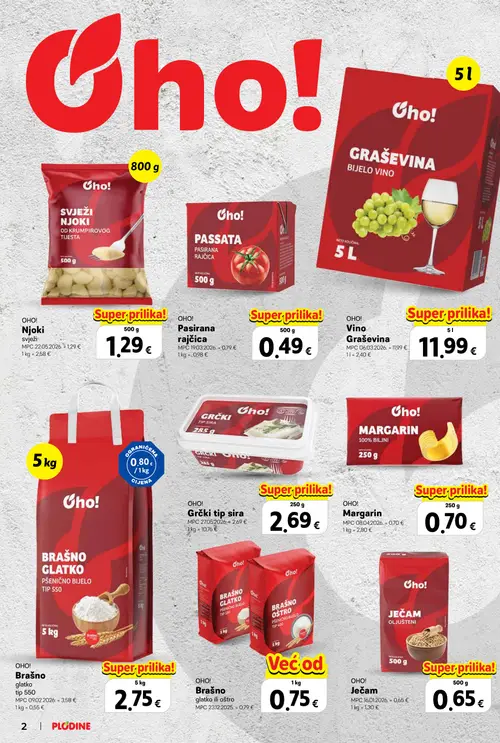 Plodine katalog — stranica 2: OHO! Passata rajčica, OHO! Grčki tip sira, OHO! Brašno glatko ili oštro, OHO! Margarin (vrijedi 22.10.–04.11.2026.)