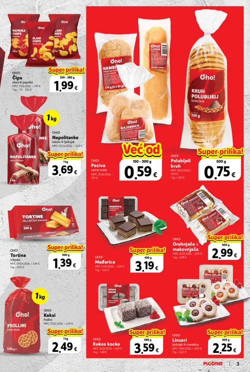 Plodine katalog — stranica 3: OHO! Chips slani ili paprika, OHO! Orahnjača ili makovnjača, OHO! Peciva razne vrste, OHO! Mađarica (vrijedi 22.10.–04.11.2026.)