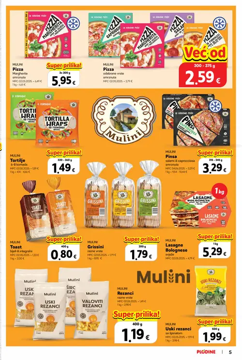 Plodine katalog — stranica 5: MULINI Rezanci razne vrste, MULINI Pizza Salami / Capricciosa, MULINI Pinsa, MULINI Pizza Margherita smrznuta (vrijedi 22.10.–04.11.2026.)