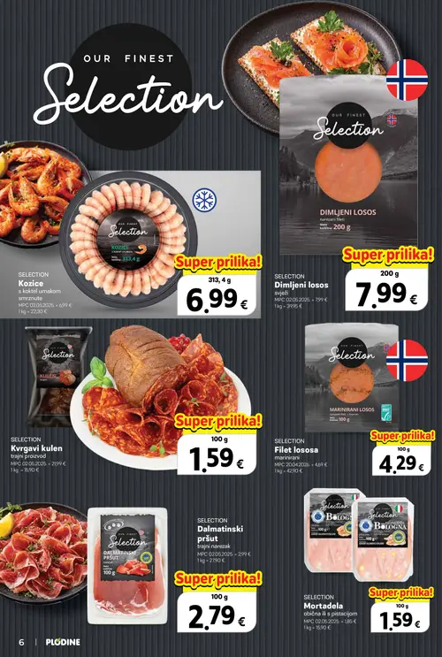 Plodine katalog — stranica 6: SELECTION Filet lososa marinirani, SELECTION Dalmatinski pršut trajni narezak, SELECTION Mortadela obična ili s pistacijom, SELECTION Dimljeni losos svježi (vrijedi 22.10.–04.11.2026.)