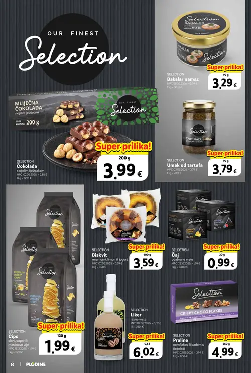 Plodine katalog — stranica 8: SELECTION Biskvit mramorni, limun ili jogurt, SELECTION Čips slani, papar ili maslinovo ulje, SELECTION Umak od tartufa, SELECTION Praline cornflakes ili badem u čokoladi (vrijedi 22.10.–04.11.2026.)