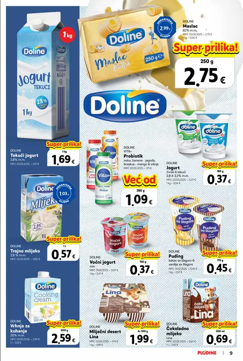 Plodine katalog — stranica 9: Doline Trajno mlijeko 2,8% m.m., Doline Puding kakao sa šlagom ili vanilija sa šlagom, Doline Voćni jogurt mix, Doline Vrhnje za kuhanje 20% m.m. (vrijedi 22.10.–04.11.2026.)