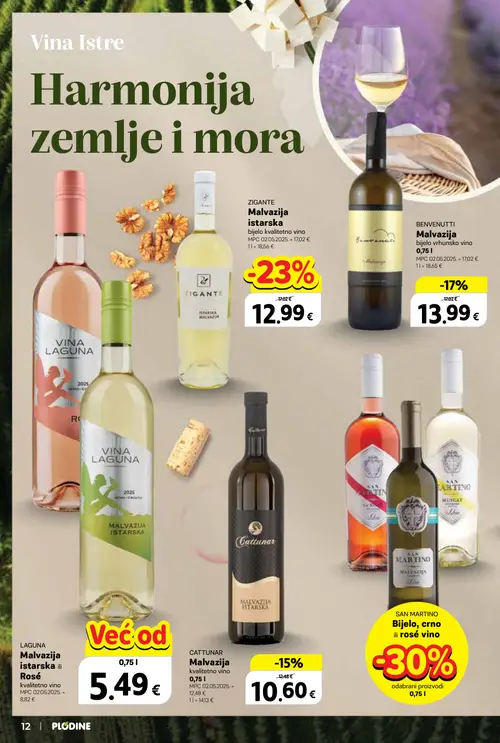 Plodine katalog — stranica 12: LAGUNA Malvazija istarska ili Rosé kvalitetno vino, ZIGANTE Malvazija istarska bijelo kvalitetno vino, BENVENUTTI Malvazija bijelo vrhunsko vino, CATTUNAR Malvazija kvalitetno vino (vrijedi 24. 09. 2026.–07. 10. 2026.)