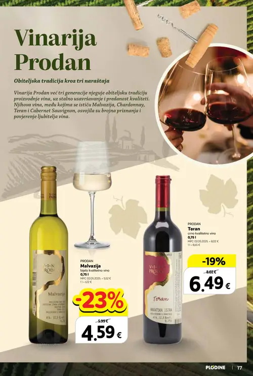 Plodine katalog — stranica 17: PRODAN Malvazija bijelo kvalitetno vino, PRODAN Teran crno kvalitetno vino (vrijedi 24. 09. 2026.–07. 10. 2026.)