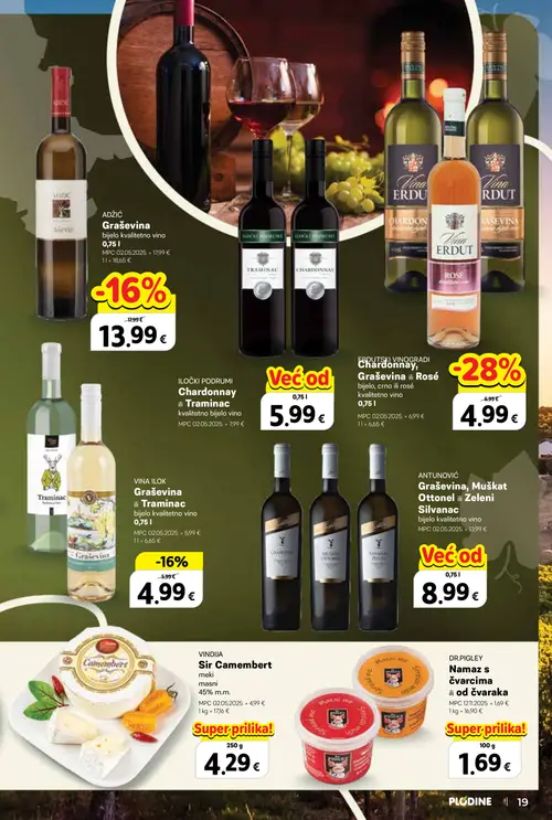 Plodine katalog — stranica 19: ANTUNOVIĆ Graševina, Muškat Otonel ili Zeleni Silvanac bijelo kvalitetno vino, ERDUTSKI VINOGRADI Graševina, Chardonnay ili Rosé bijelo, crno ili rosé kvalitetno vino, ADŽIĆ Graševina bijelo kvalitetno vino, VINA ILOK Graševina ili Traminac bijelo kvalitetno vino (vrijedi 24. 09. 2026.–07. 10. 2026.)