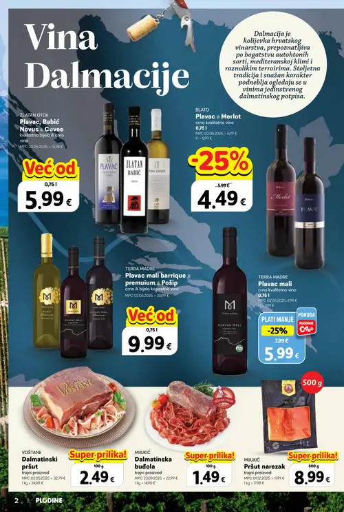 Plodine katalog — stranica 2: BLATO Plavac ili Merlot, TERRA MADRE Plavac mali, MIZUKI Pršut narezak, MIZUKI Dalmatinska budola (vrijedi 24. 09. 2026.–07. 10. 2026.)