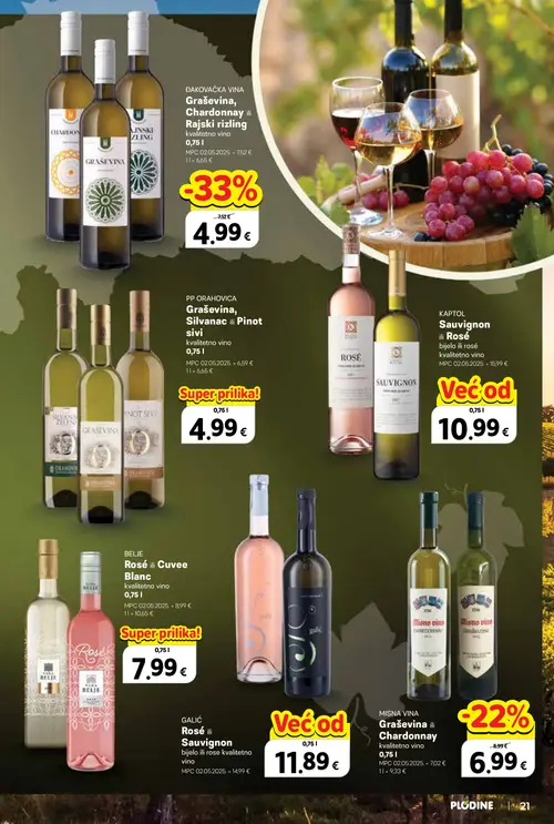 Plodine katalog — stranica 21: Graševina, Chardonnay ili Rajski rizling, Graševina, Silvanac ili Pinot sivi, MISNA VINA Graševina ili Chardonnay, GALIĆ Rosé ili Sauvignon (vrijedi 24. 09. 2026.–07. 10. 2026.)