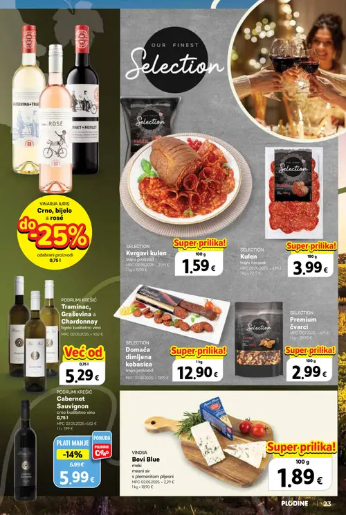 Plodine katalog — stranica 23: PODRUMI KREŠIĆ Cabernet Sauvignon, SELECTION Premium čvarci, Vindija Bovi Blue, SELECTION Kvrgavi kulen (vrijedi 24. 09. 2026.–07. 10. 2026.)