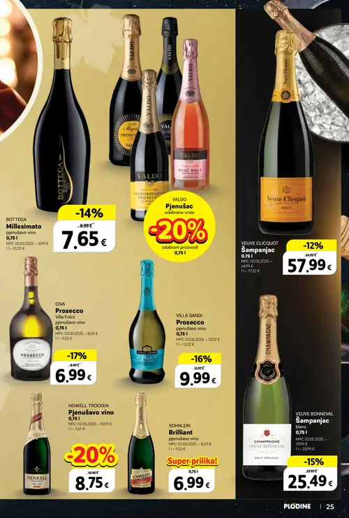 Plodine katalog — stranica 25: HENKELL TROCKEN Pjenušavo vino, CIVA Prosecco Villa Folini pjenušavo vino, VILLA SANDI Prosecco pjenušavo vino, VEUVE BONNEVAL Šampanjac blanc (vrijedi 24. 09. 2026.–07. 10. 2026.)