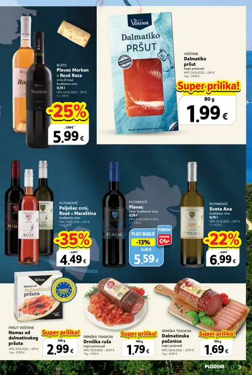 Plodine katalog — stranica 3: PUTNIKOVĆ Pelješac crni, Rosé ili Maraština, BLATO Plavac Morkan ili Rosé Roza, PUTNIKOVĆ Sveta Ana, PUTNIKOVĆ Plavac (vrijedi 24. 09. 2026.–07. 10. 2026.)
