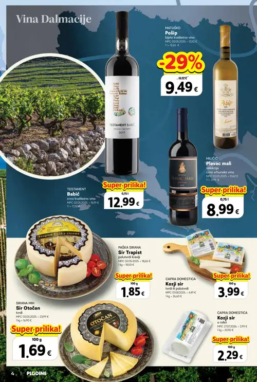 Plodine katalog — stranica 4: MATUŠKO Pošip bijelo kvalitetno vino, CAPRA DOMESTICA Kozji sir u rolci, TESTAMENT Babić crno kvalitetno vino, MLILIĆ Plavac mali selekcija crno vrhunsko vino (vrijedi 24. 09. 2026.–07. 10. 2026.)