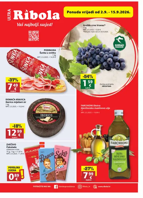Ribola katalog — stranica 1: Grožđe crno Vranac, PODRAVKA Šunka u ovitku, FARCHIONI Ekstra djevičansko maslinovo ulje, Kravica IBERICO miješani sir (vrijedi 02. 09. 2026.–15. 09. 2026.)