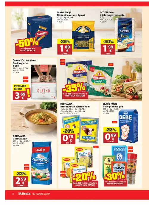 Ribola katalog — stranica 10: Zlato Polje Tjestenina rezanci špinat, Podravka Instant juha s tjesteninom, Scotti Extra bijela dugozrnata riža, Zlato Polje Bebe pšenični gris (vrijedi 02. 09. 2026.–15. 09. 2026.)