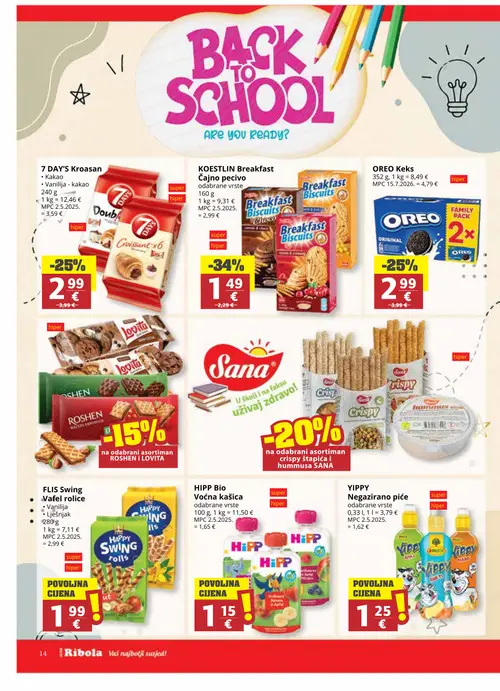 Ribola katalog — stranica 14: OREO Keks, KOESTLIN Breakfast Čajno pecivo, YIPPY Negaz. piće, HiPP HIPPI Bio Voćna kašica (vrijedi 02. 09. 2026.–15. 09. 2026.)
