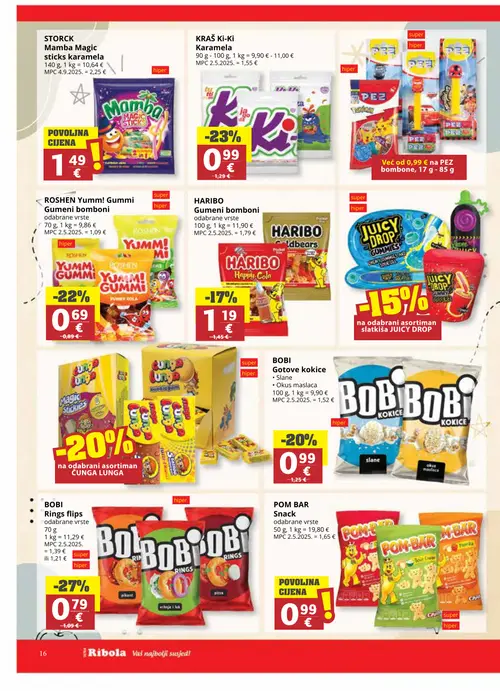 Ribola katalog — stranica 16: BOBI Rings flips, KRAŠ Ki-Ki Karamela, ROSHEN Yumm! Gummi bomboni, ČUNGA LONGA (vrijedi 02. 09. 2026.–15. 09. 2026.)