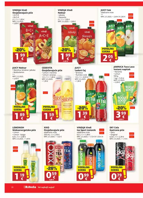 Ribola katalog — stranica 20: Vindija Vindi Iso Sport izotonik, SKY Cola Gazirano piće, LEMONISH Niskoenergetsko piće, XIXO Osvježavajuće piće (vrijedi 02. 09. 2026.–15. 09. 2026.)