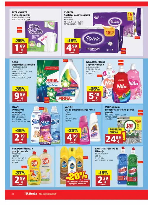Ribola katalog — stranica 22: SILAN Omekšivač za rublje, ARIEL Deterdžent za rublje, PUR Deterdžent za pranje posuđa, NILA Deterdžent za pranje rublja (vrijedi 02. 09. 2026.–15. 09. 2026.)