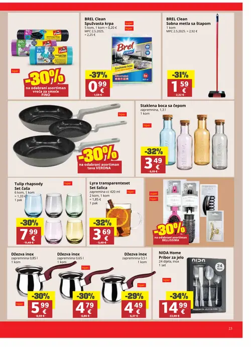Ribola katalog — stranica 23: BREL Clean Spužvasta krpa, NIDA Home Pribor za jelo, Lyra transparenteset Set šalica, Staklena boca sa čepom (vrijedi 02. 09. 2026.–15. 09. 2026.)