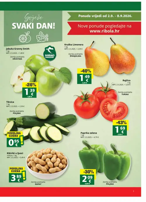 Ribola katalog — stranica 3: Rajčica, Kruška Limonera, Paprika zelena, Jabuka Granny Smith (vrijedi 02. 09. 2026.–15. 09. 2026.)