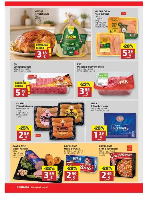 Ribola katalog — stranica 4: Vindija Cekin pileći odresci, Gavrilović Grah s kobasicom, Gala Pileće hrenovke, Pickies Pileća kobasica (vrijedi 02. 09. 2026.–15. 09. 2026.)