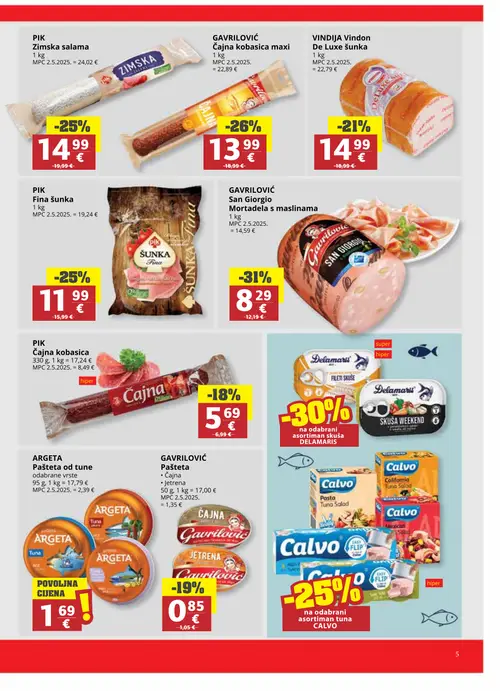 Ribola katalog — stranica 5: GAVRILOVIĆ San Giorgio Mortadela s maslinama, GAVRILOVIĆ Čajna kobasica maxi, PIK Zimska salama, PIK Fina šunka (vrijedi 02. 09. 2026.–15. 09. 2026.)