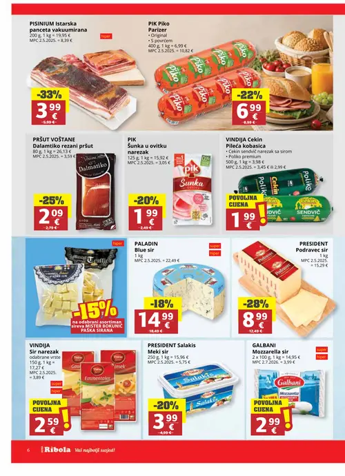 Ribola katalog — stranica 6: PISINIUM Istarska panceta vakuumirana, PRESIDENT Podravec sir, GALBANI Mozzarella sir, PRŠUT VOŠTANE Dalamtiko rezani pršut (vrijedi 02. 09. 2026.–15. 09. 2026.)