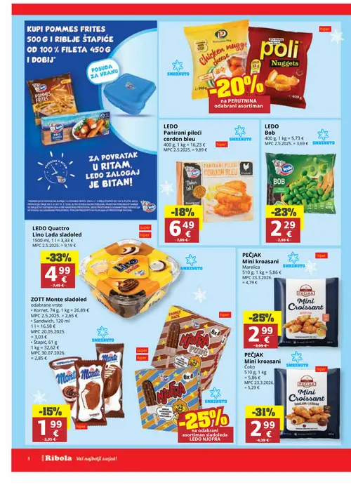 Ribola katalog — stranica 8: Lino Lada sladoled, PEČJAK Mini kroasani Marelica, LEDO Bob, LEDO Panirani pileći cordon bleu (vrijedi 02. 09. 2026.–15. 09. 2026.)