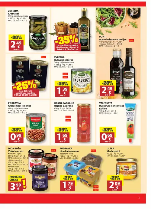 Ribola katalog — stranica 11: ZVIJEZDA Krastavci, ROSSO GARGANO Rajčica pasirana, PODRAVKA Grah smeđi limenka, ZVIJEZDA Kukuruz šećerac (vrijedi 16. 09. 2026.–22. 09. 2026.)
