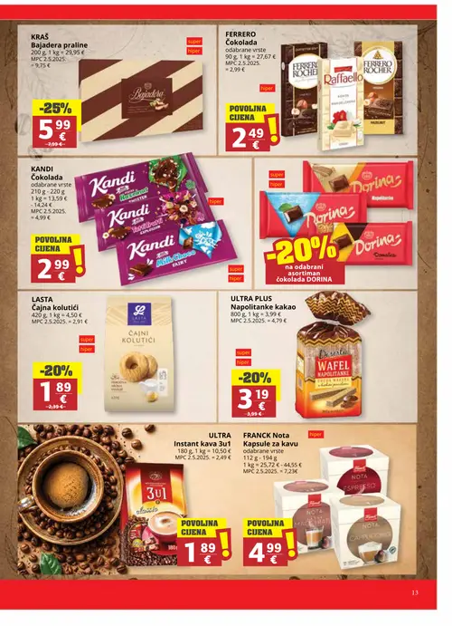 Ribola katalog — stranica 13: Kraš Bajadera Praline, LASTA Čajni kolutići, ULTRA PLUS Napolitanke kakao, FERRERO Čokolada (vrijedi 16. 09. 2026.–22. 09. 2026.)
