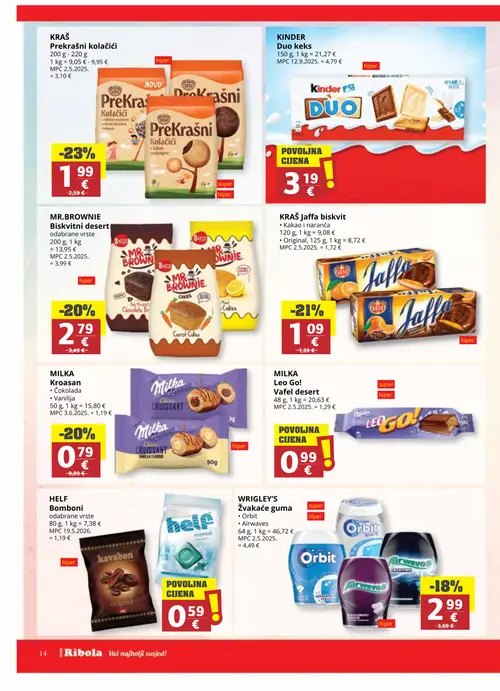 Ribola katalog — stranica 14: KRAŠ Prekrasni kolačići, KINDER Duo keks, MR.BROWNIE Biskvitni desert odabrane vrste, KRAŠ Jaffa biskvit (vrijedi 16. 09. 2026.–22. 09. 2026.)