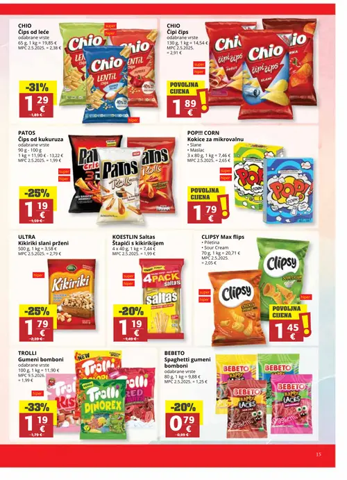 Ribola katalog — stranica 15: TROLLI Gumeni bomboni, CHIO Čips od leće, PATOS Čips od kukuruza, ULTRA Kikiriki slani prženi (vrijedi 16. 09. 2026.–22. 09. 2026.)