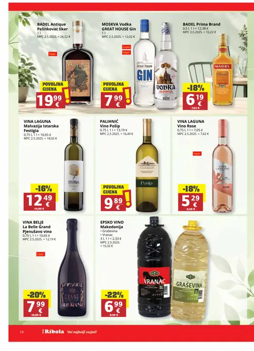 Ribola katalog — stranica 16: PALINHNIĆ Vino Pošip, EPSKO VINO Makedonija Graševina, Vranac, VINA BELJE La Belle Grand Pjenušavo vino, BADEL Prima Brand (vrijedi 16. 09. 2026.–22. 09. 2026.)