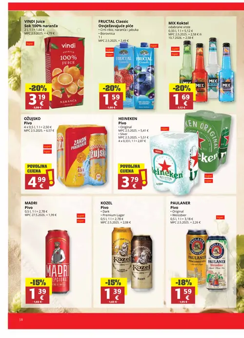 Ribola katalog — stranica 18: KOZEL Pivo Dark, MIX Koktel odabrane vrste, VINDI Juice Sok 100% naranča, FRUCTAL Classic Osvježavajuće piće Crni ribiz, naranča i jabuka Borovnica (vrijedi 16. 09. 2026.–22. 09. 2026.)