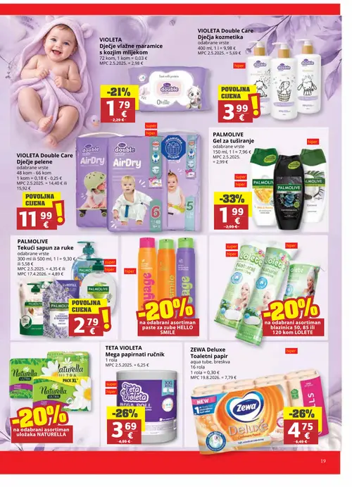 Ribola katalog — stranica 19: PALMOLIVE Gel za tuširanje odabrane vrste, ZEWA Deluxe Toaletni papir aqua tube, breskva, TETA VIOLETA Mega papirnati ručnik, VIOLETA Vlažne maramice s kozjim mlijekom (vrijedi 16. 09. 2026.–22. 09. 2026.)