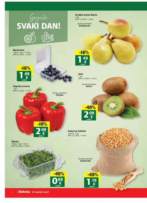 Ribola katalog — stranica 2: Rikola, Kukuruz koki*čar*, Kiwi, Kruška Santa Maria (vrijedi 16. 09. 2026.–22. 09. 2026.)