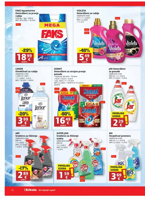 Ribola katalog — stranica 20: SOMAT Deterdžent za strojno pranje posuđa, VIOLETA Deterdžent za rublje, SUPER JON Sredstvo za čišćenje stakla, BIS Osvježivač prostora (vrijedi 16. 09. 2026.–22. 09. 2026.)