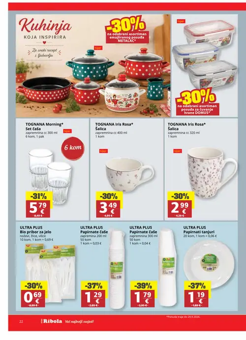Ribola katalog — stranica 22: ULTRA PLUS Papirnate čaše, ULTRA PLUS Papirnate čaše, ULTRA PLUS Papirnati tanjuri, TOGNANA Morning Set čaša (vrijedi 16. 09. 2026.–22. 09. 2026.)